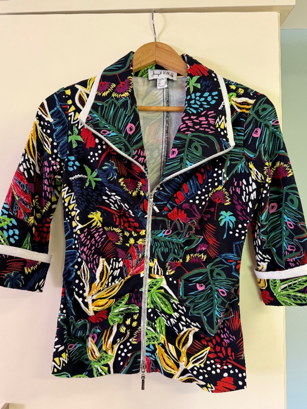 Joseph Ribkoff Colorful Tropical Jacket Dual Zip Ruched 3/4 Sleeve Size 4- 6